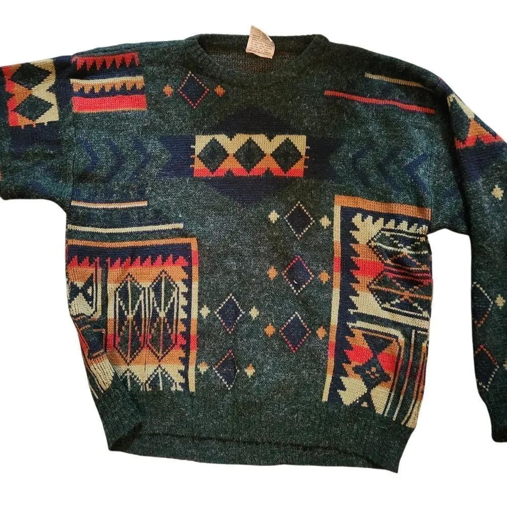 Vintage Peter Jon Sweater Mens XL Green Aztec Southwestern 80s Acrylic Pullover